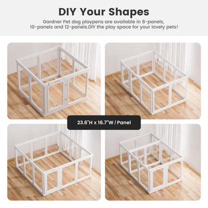 Clear Acrylic Dog Playpen - 50 x 50 Inch, 24" H 12 Planes Transparent Dog Fence Indoor, Sturdy Pet Pen for Puppy/Small Dog/Rabbit/Pig, Easy Assemble & Cleaning Plastic Whelping Box Enclosure, White