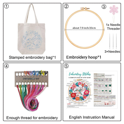 Louise Maelys Hummingbird Canvas Tote Bag Embroidery Kit for Beginners,Cross Stitch Kits for Adults, Arts Crafts Needlepoint Women Shopping Reusable Grocery Bags