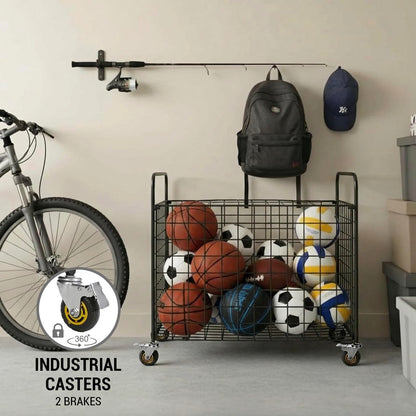MyGift Ball Storage, Basketball Holder, Professional Gym Metal Multi Sports Ball Cart with Jumbo Industrial Wheels, Commercial Grade Portable Equipment Locker Cage for Football, Soccer, Volleyball