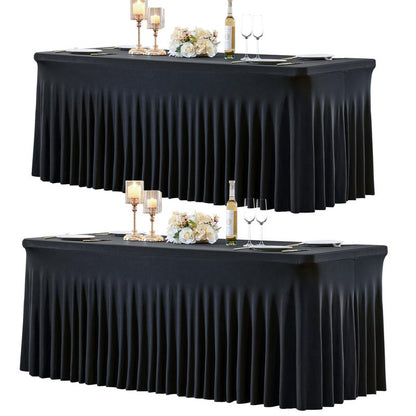 gogoparti 2 Pack Spandex Black Fitted Table Cloth for 6ft Rectangle Tables Black Stretch Tablecloth Table Covers Skirt Banquet Wrinkle Free Tablecloths for Parties Wedding