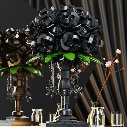 Black Rose Building Block Flower Decor Gothic Style Brick-Built Floral Bouquet for Home &amp Office Compatible with Lego Dark Romantic Black Flowers DIY Display Gift for Adults