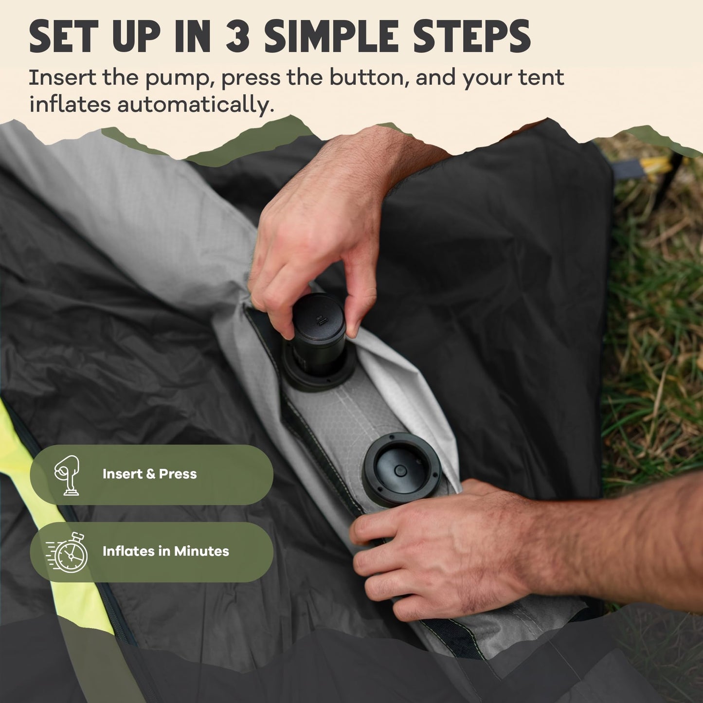 Oaktiv Inflatable Tents for Camping - CloudCamp 4-6 Person Blow Up Tent, Self Inflating Glamping Tent with Pump, 210D Oxford Waterproof, UV50+ Protection, 4-Season Air Tent for Adults