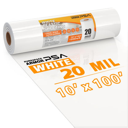 Crawl Space Vapor Barrier, 20 Mil Vapor Barrier, 10'x100', White Plastic Sheeting - Thick Plastic Sheeting, Heavy Duty Polyethylene Film, Drop Cloth Vapor Barrier Covering for Crawl Space, Basement