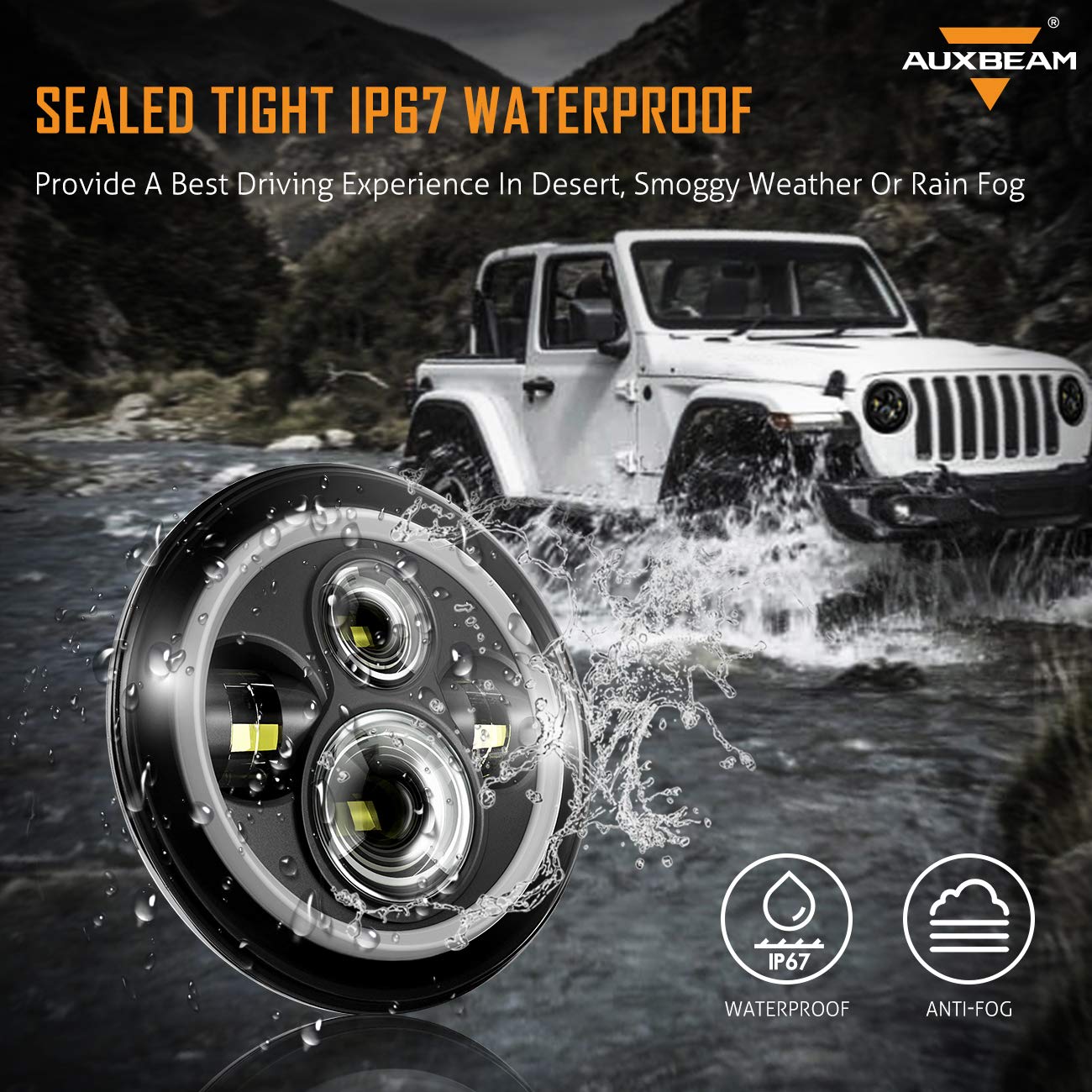 Auxbeam 7 Inch LED Headlights DOT Approved for 1997-2018 Jeep Wrangler JK JKU Unlimited TJ LJ CJ, 7" Round Headlamps for Rubicon Sport Sahara Peterbilt, H6024 Headlights w/DRL & Amber Turn Signal