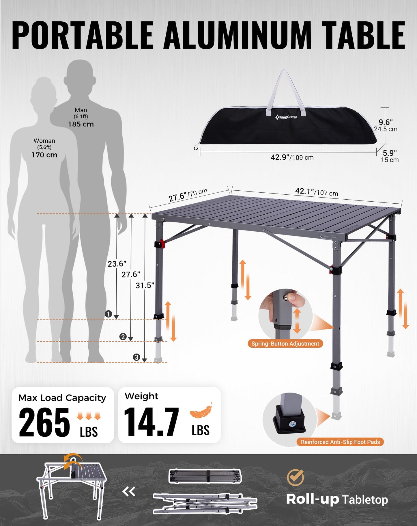 KingCamp Folding Camping Table Foldable Loads 265 Lbs, 42.1"× 27.6" Portable Table 3 Adjustable Height Aluminum Roll Up Camp Table with Carry Bag for Camping Picnic BBQ Backyard, Indoor & Outdoor