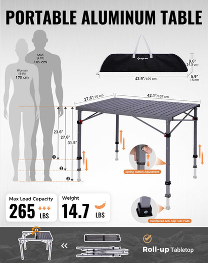 KingCamp Folding Camping Table Foldable Loads 265 Lbs, 42.1"× 27.6" Portable Table 3 Adjustable Height Aluminum Roll Up Camp Table with Carry Bag for Camping Picnic BBQ Backyard, Indoor & Outdoor