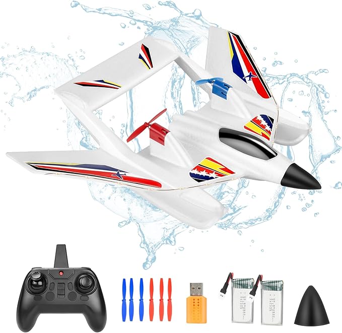 RC Plane for Water Land &amp Air Remote Control Plane Sea Airplane R C 2 Channel RC Airplane Amphibious Tri-Phibian Aircraft with 2 Batteries 2.4GHz RTF A irplane Glider for Adult Beginner