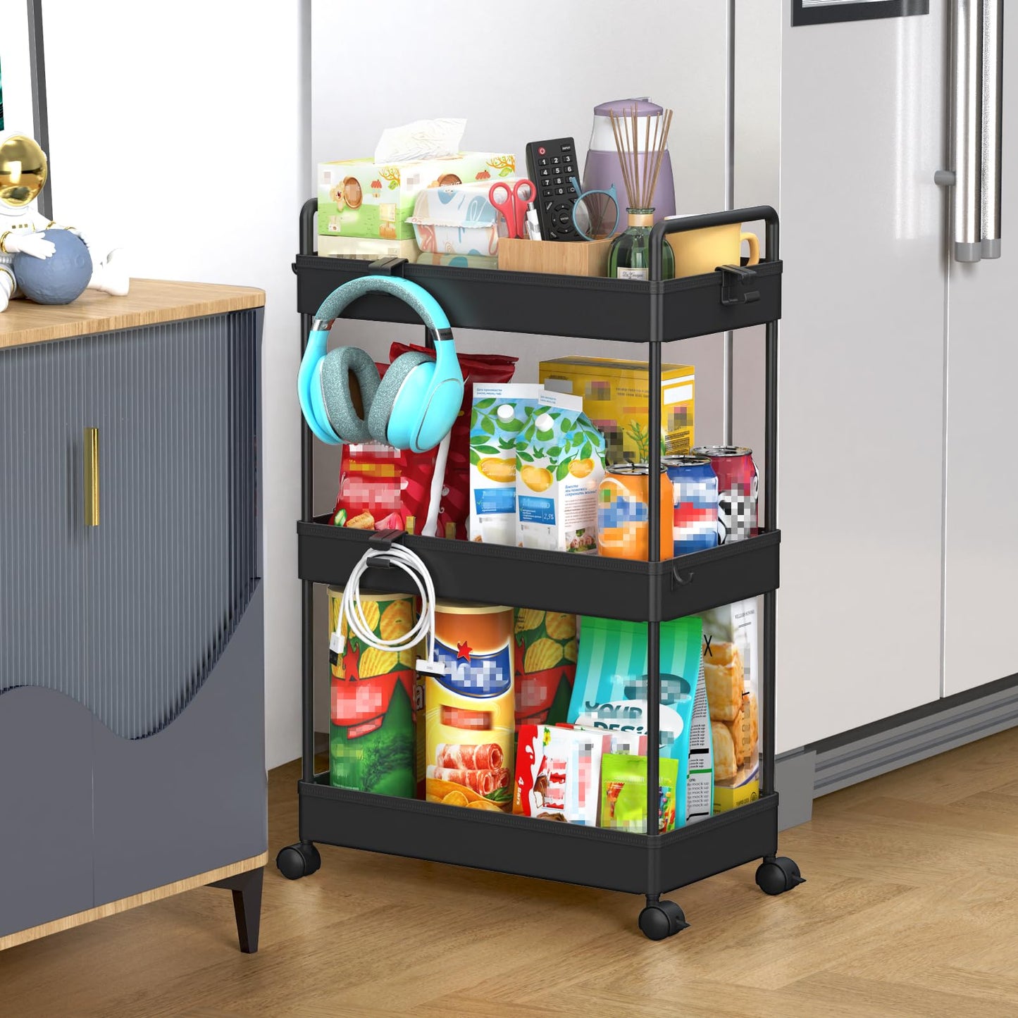 SOLEJAZZ 3 Tier Rolling Storage Cart with Wheels Slim Craft Nail Makeup Snack Art Baby Utility Cart Organizer on 2 Lockable Wheels for Bathroom Laundry Room Kitchen Bedside Narrow Spaces, Black