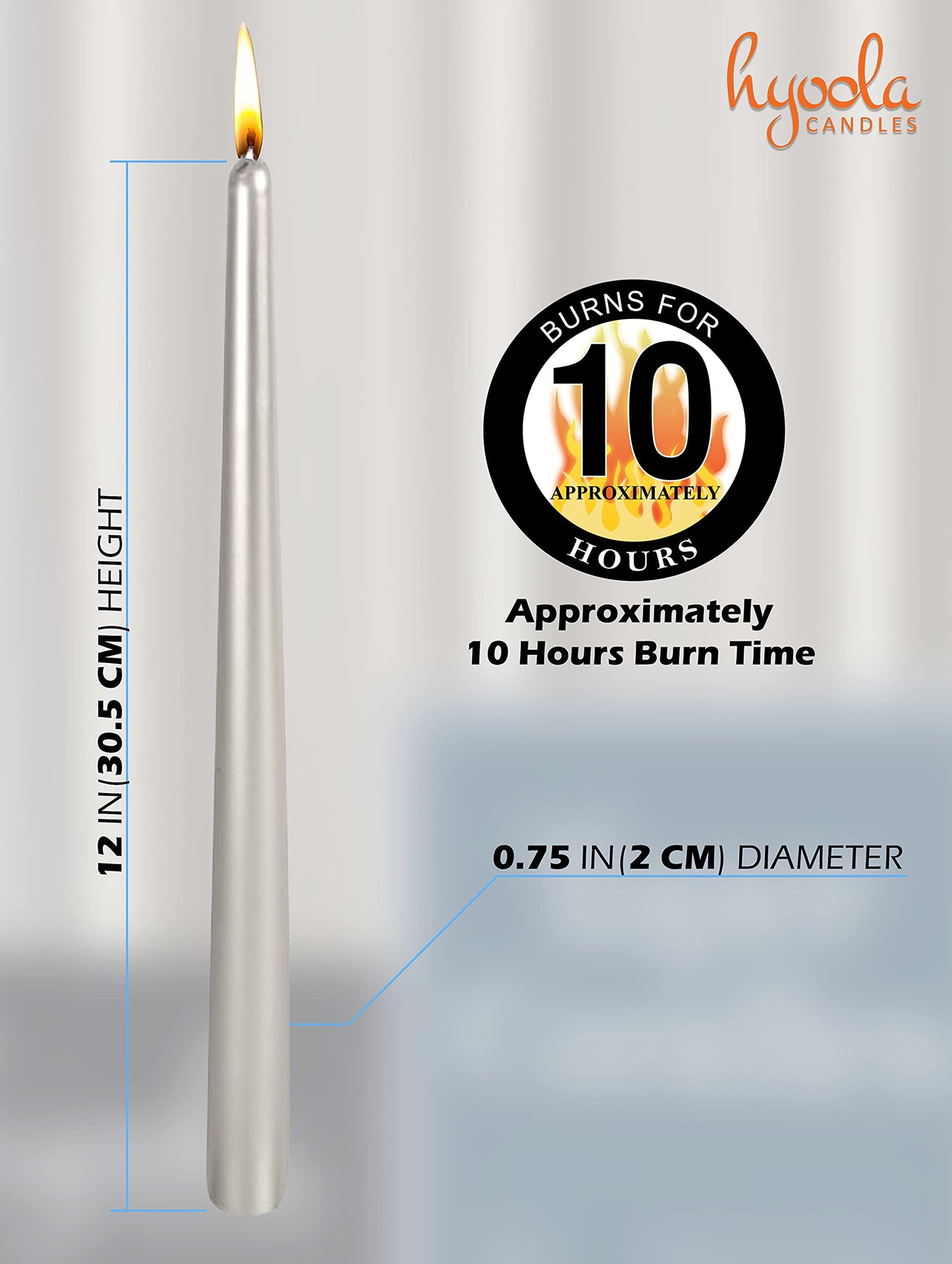 Hyoola Tall Taper Candles - 12 Inch - Metallic Titan - Dripless - 12 Pack - 10 Hour Burn Time