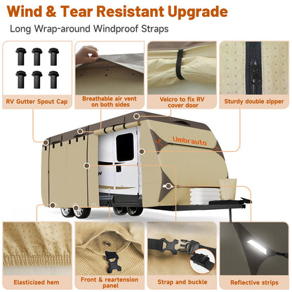 Umbrauto Travel Trailer RV Cover 33' ~ 35' – Upgraded 9-Layers Top Camper Cover, Waterproof & Windproof Heavy Duty Toy Hauler RV Cover for Winter Snow with Tongue Jack Cover, Gutter Covers
