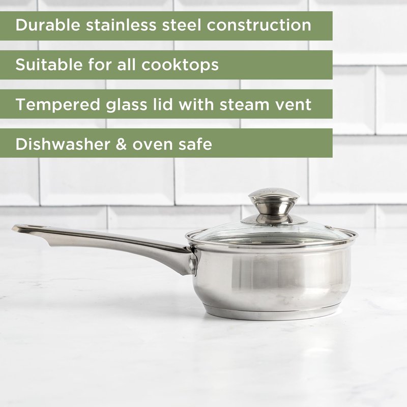 Ecolution Stainless Steel Sauce Pan, Encapsulated Induction Ready Cooking Pot with Glass Lid, Oven Safe, Dishwasher Safe Soup Pot, 1-Quart