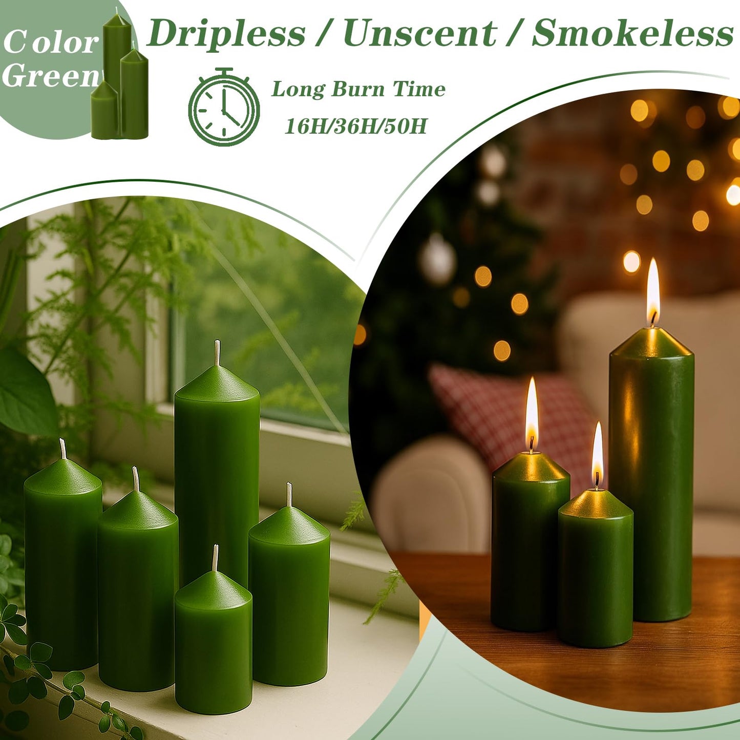 Veiuwa 18 Pcs Green Pillar Candles Bulk Set，Hurricane Candles，3 Different Lengths (6 Each)，Dripless Unscented Smokeless，Gives You a Better Atmosphere When Organizing Wedding or Event Party.
