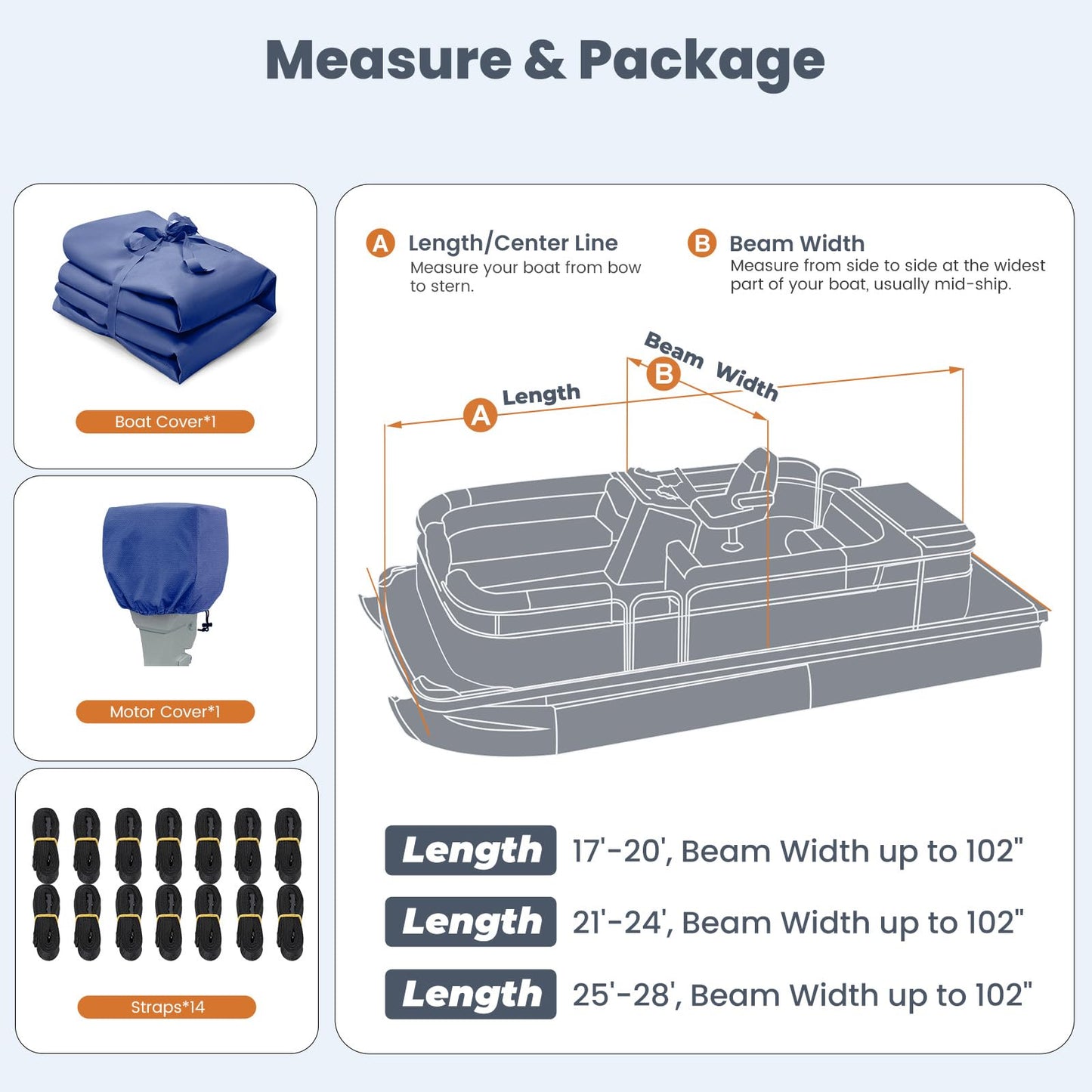 RVMasking Pontoon Boat Cover with Motor Cover, 1400D Heavy Duty Middle Reinforced, Marine Grade Waterproof Boat Cover for Length: 25'-28', Beam Width up to 102", Blue
