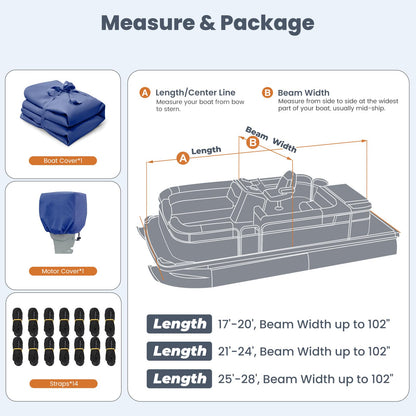 RVMasking Pontoon Boat Cover with Motor Cover, 1400D Heavy Duty Middle Reinforced, Marine Grade Waterproof Boat Cover for Length: 25'-28', Beam Width up to 102", Blue