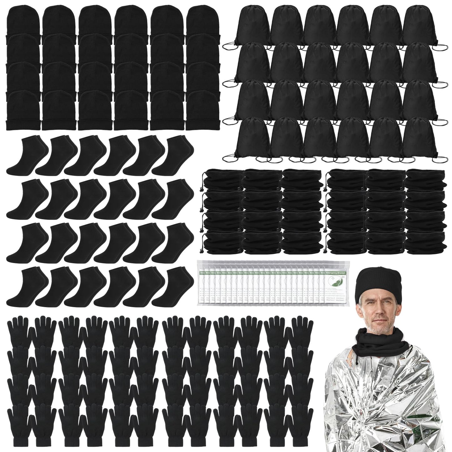 144 Pcs Homeless Care Package Supplies Bulk Winter Beanie Hats Emergency Blankets Sock Gloves Scarf Unisex Draw String Bag Winter Gloves, Scarves, Hats for Charity Church Donation Black
