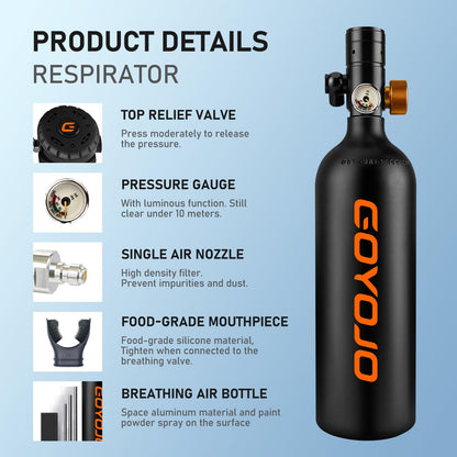 GOYOJO 1L Mini Scuba Tank with Mask – DOT Certified Portable Diving Air Tank, 3000 PSI Max Pressure, Pony Bottle Underwater Breathing Device for Snorkeling & Scuba Diving (Black)