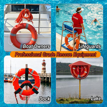 Life Ring Buoy Boat Safety Throw Ring with Water Floating Lifesaving Rope 98.4FT Set, Outdoor Professional Throwable Flotation Device (28in)