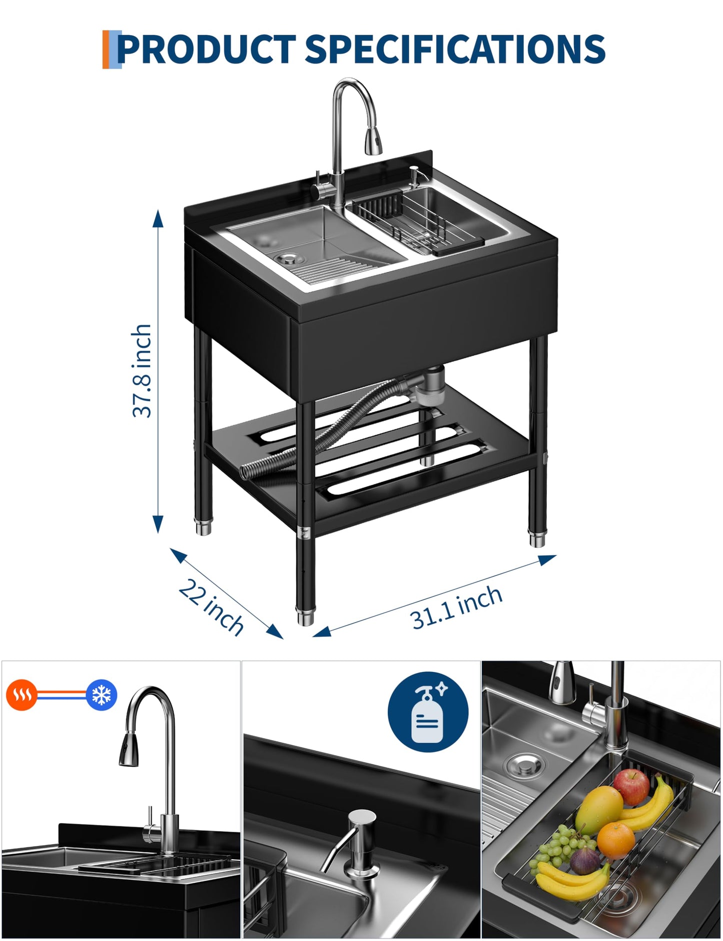 Freestanding Laundry Utility Sink, 31.1" × 22" × 37.8" Utility Sink with Washboard Set with Bracket and Drain Kit for Workshop, Laundry Room, Shop, Man Cave Outdoor and Indoor