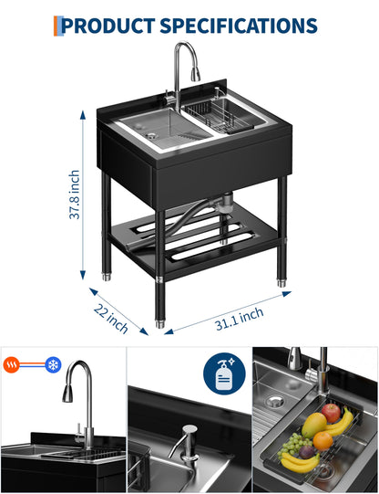 Freestanding Laundry Utility Sink, 31.1" × 22" × 37.8" Utility Sink with Washboard Set with Bracket and Drain Kit for Workshop, Laundry Room, Shop, Man Cave Outdoor and Indoor