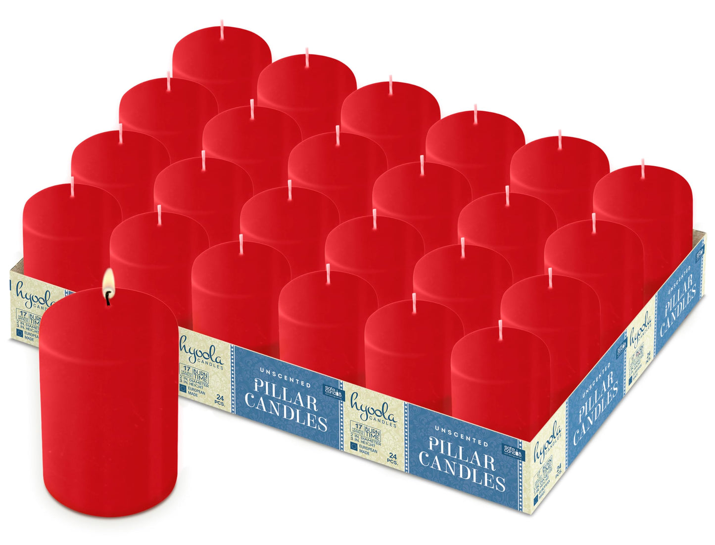 HYOOLA Red Pillar Candles 2x3 Inch - 24 Pack Unscented Bulk Pillar Candles - European Made