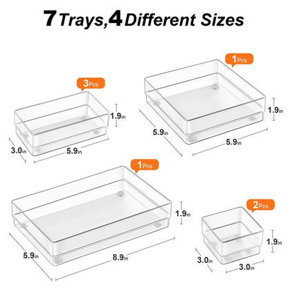 SMARTAKE 7-Piece Drawer Organizer with Non-Slip Silicone Pads, 4-Size Desk Drawer Organizer Trays Storage Tray for Makeup, Jewelries, Utensils in Bedroom Dresser, Office and Kitchen (Clear)