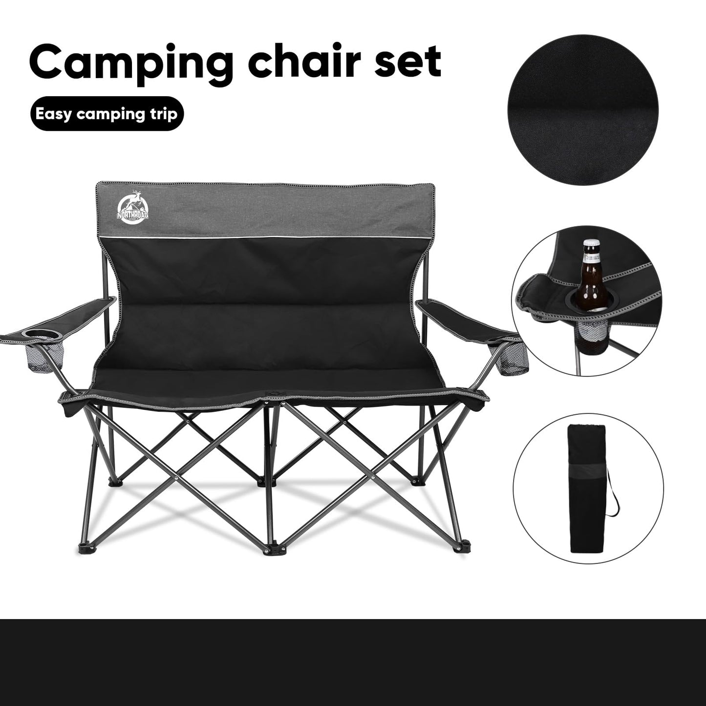 Northroad Outdoor Camping Chair Set of 3,Folding Padded Camp Chair w/1 Sofa,2 Single Chairs,Collapsible Conversation Set for Family Patio, Beach (Black)