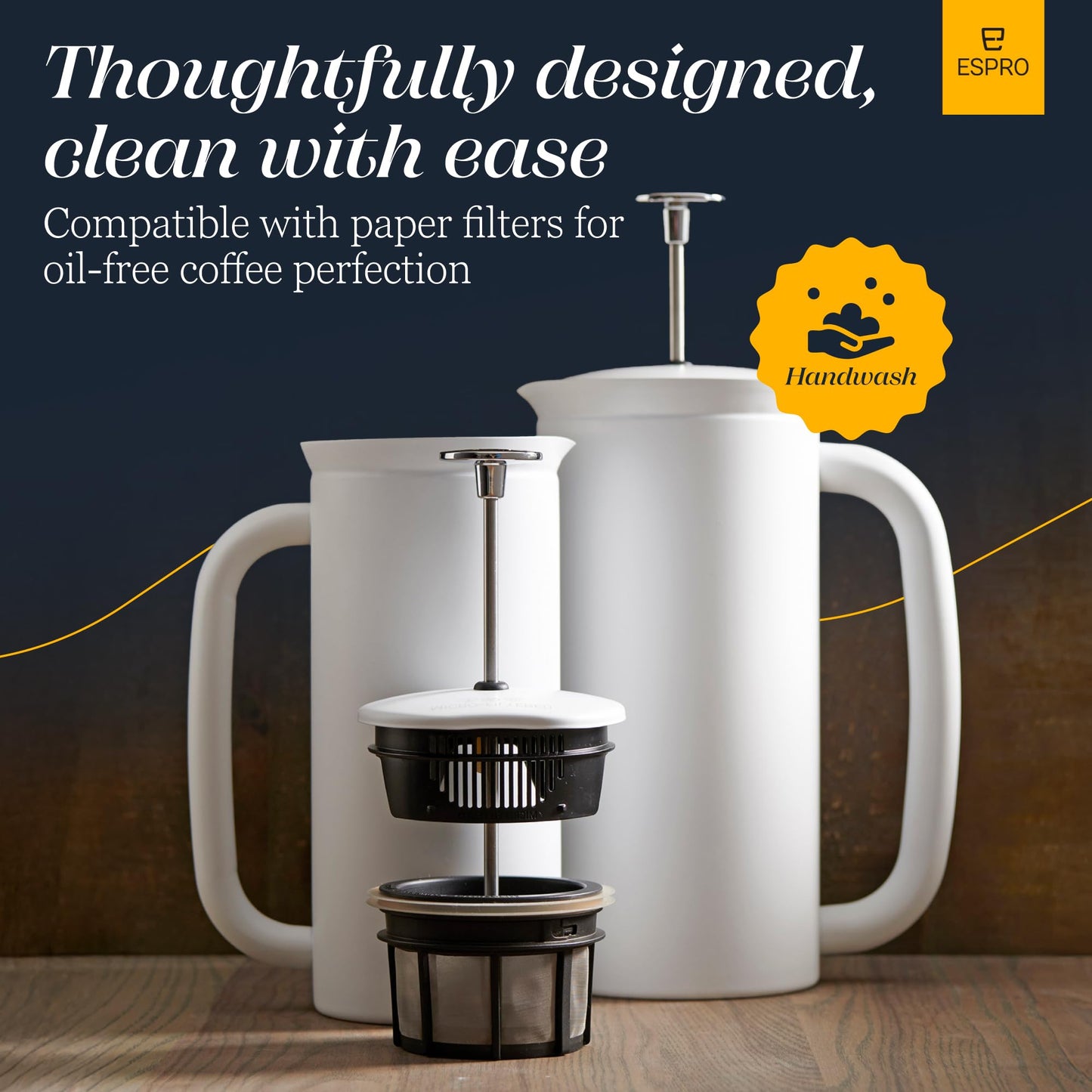 ESPRO Pro P7 French Press Stainless Steel 304 – Patented Double Walled Micro-Filter Insulated French Press Coffee Maker, Grit-Free Brew - Heat Resistant BPA Free - Matte White - 18oz