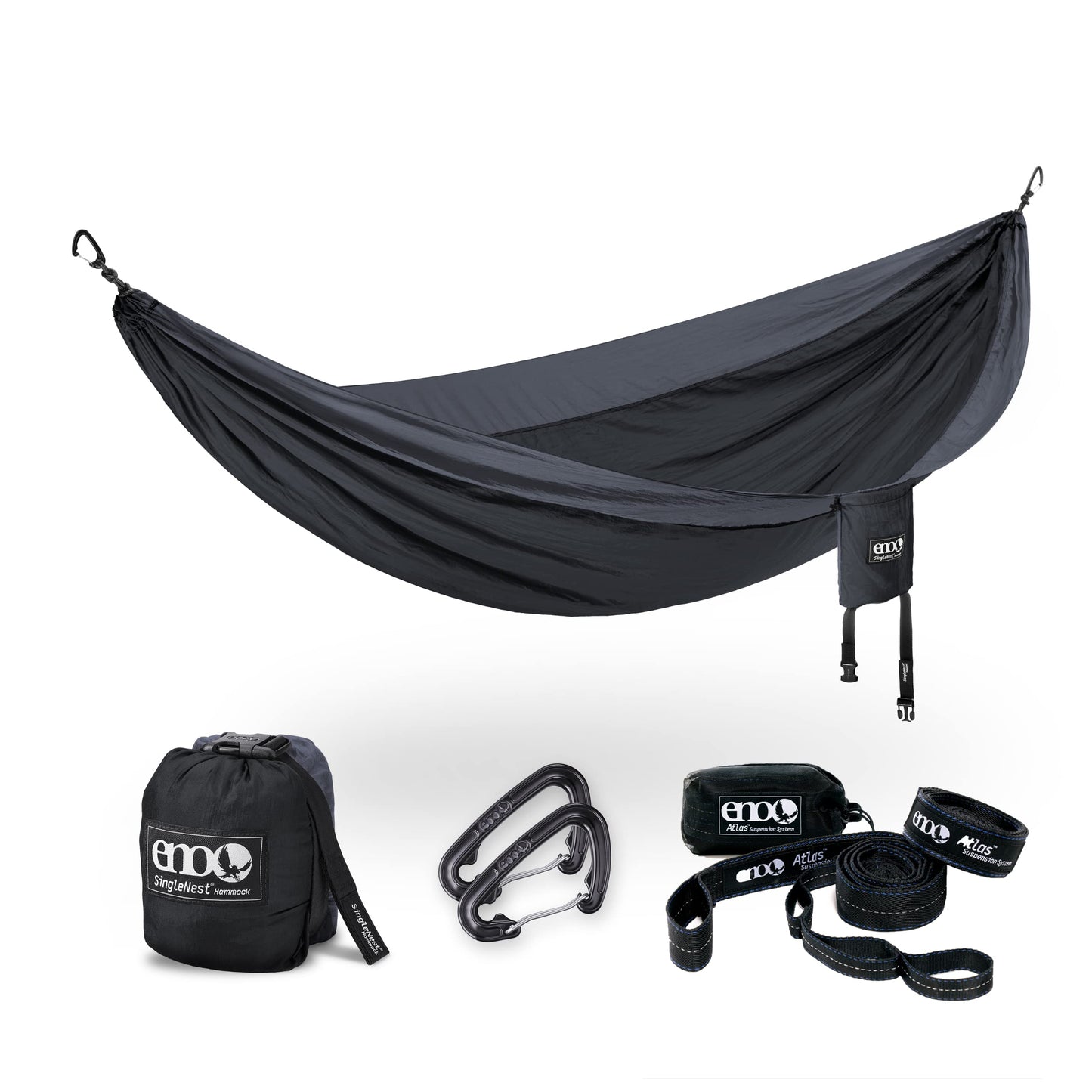 ENO Bundle, Includes The SingleNest Hammock & Atlas Suspension System, Lightweight, Durable Hammock with Straps for Camping, Hiking & Travel, Black/Charcoal