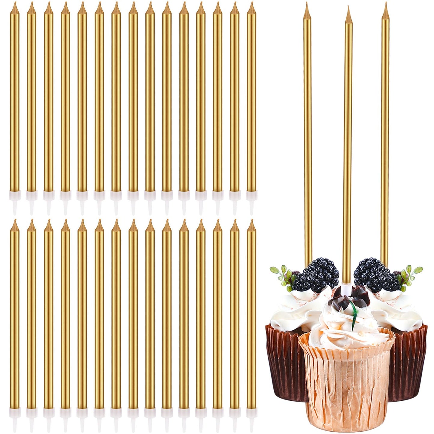 Conelist 30 Pack 8.75 Tall Unscented Champagne Gold Long Birthday Candles for Cake Fancy Thin Cupcake Candle for Birthday Cake Wedding Decorations Party