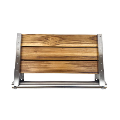 Teak Shower Seat Bench with Back - Wall Mounted Fold Up Shower Seat, Waterproof Folding Teak Bath Chair for Seniors, 304 Stainless Steel, with 300 lbs Capacity - 24" Length, Brushed Stainless Finish