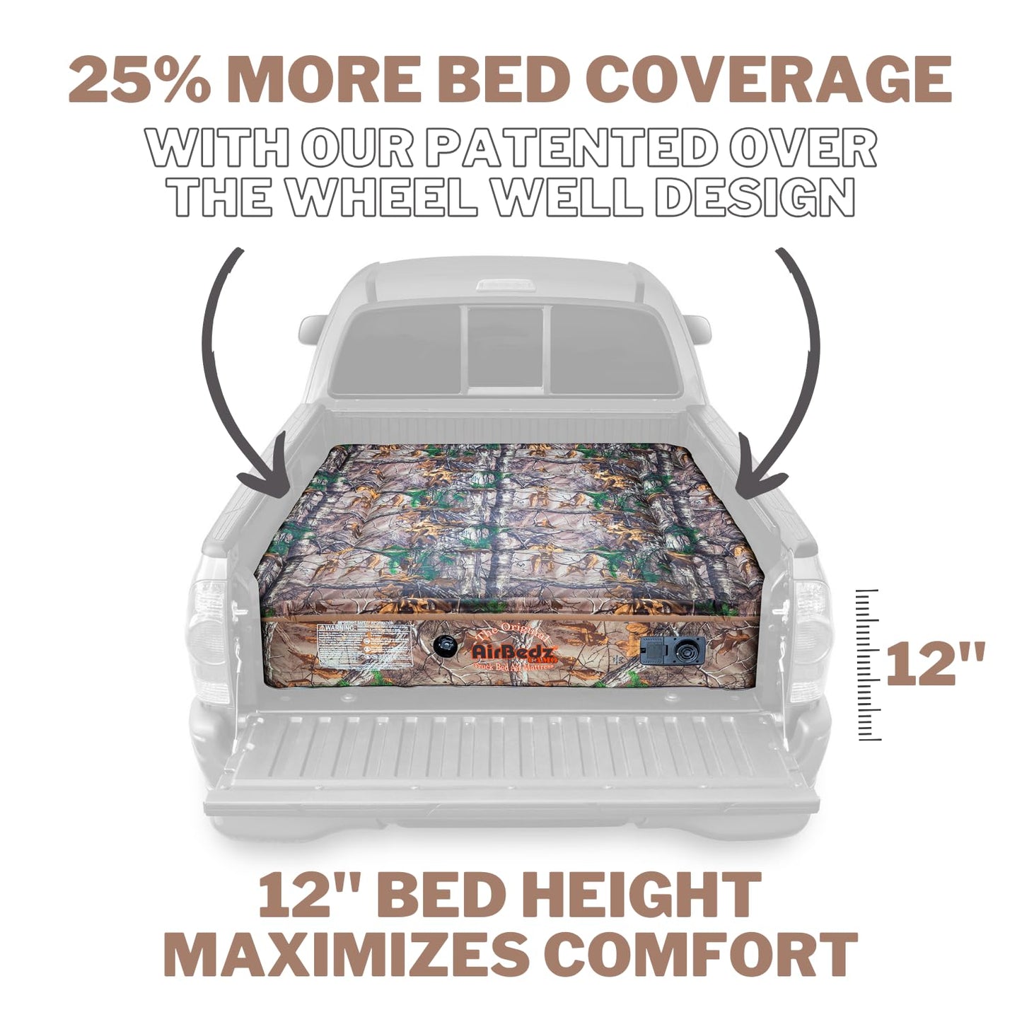 Pittman Outdoors AirBedz Mattress – Truck Bed Air Mattress, 25% More Coverage, Built-in Rechargeable Pump, Carry Bag & Repair Kit - Full-Size 8’+ Long Bed, Realtree Camouflage, PPI-401