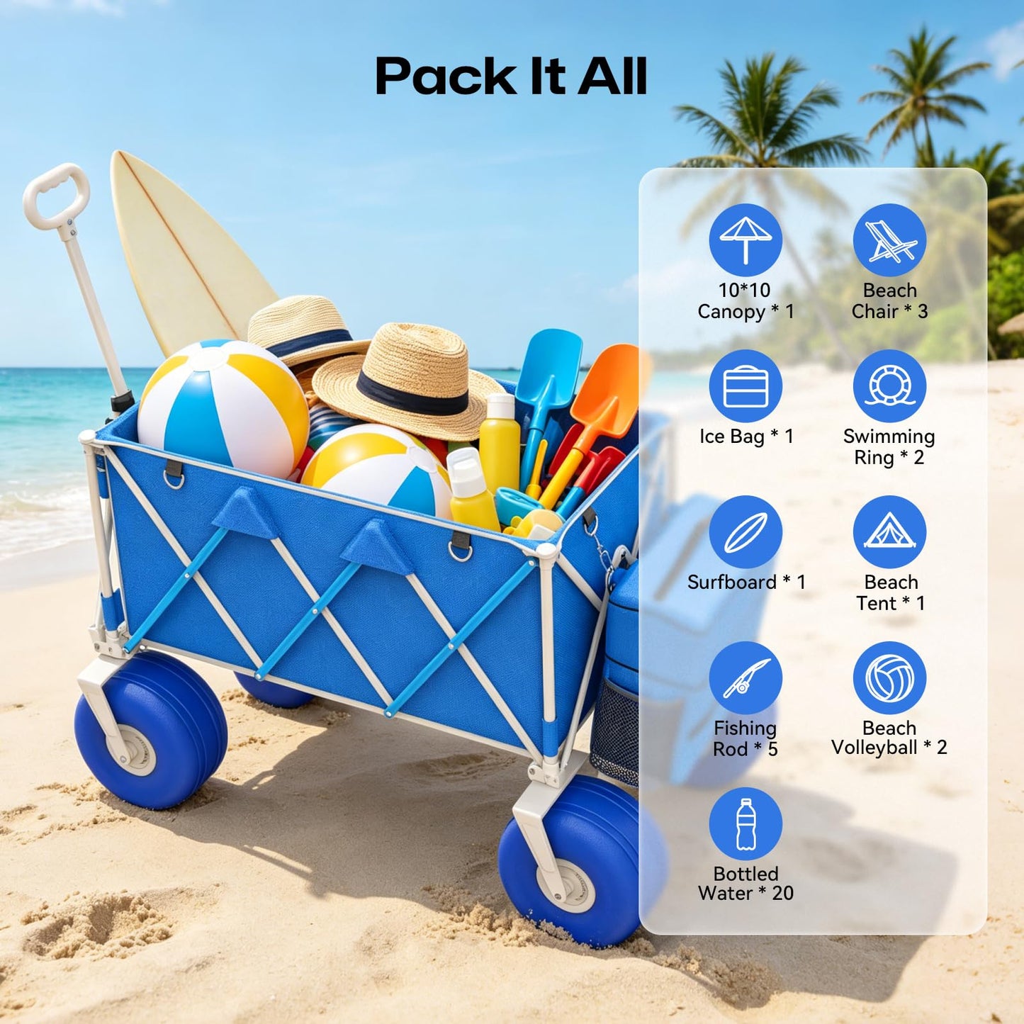 Premium 10.5" Balloon Wheels Beach Wagon - 450LBS Heavy Duty Sand Wagon, Foldable All Terrain Collapsible Utility Wagon with Removable Cooler Bag, Easy Roll for Soft Sand Family Camping - Blue