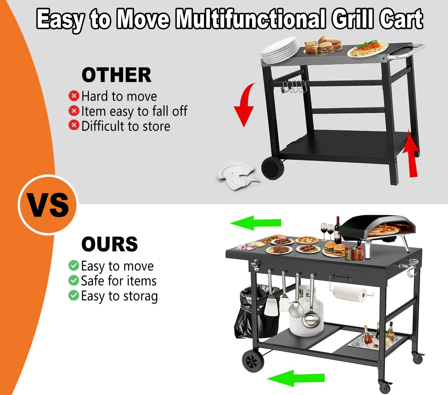 Barbqtime Pizza Oven Table with Topping Station, Outdoor Pizza Oven Cart, Grill Cart for Ninja, Cuisinart, Gozney, Movable BBQ Prep Table Station with Seasoning Tray for Patio, Kitchen, Backyard