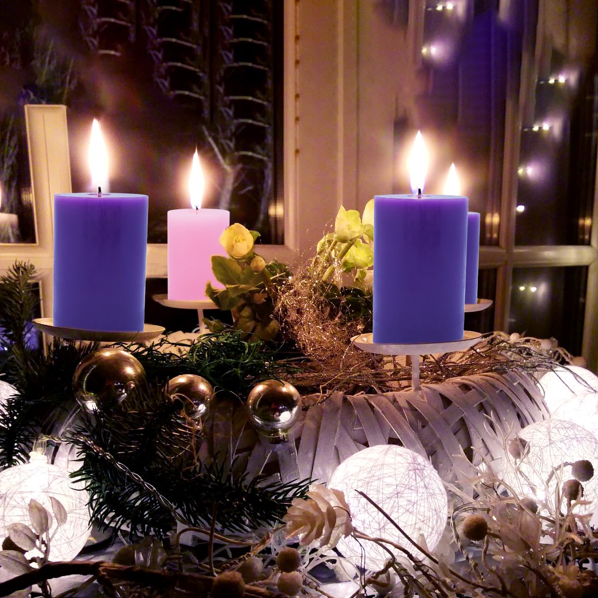 Set of 4 2x3 Inch Advent Pillar Candles, Dripless Unscented Purple and Pink Candles for Christmas Advent Holiday Season - 24 Hours Burn Time