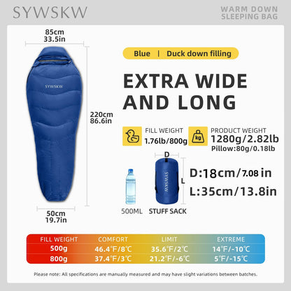 SYWSKW Down Sleeping Bag with Pillow for Backpacking,15℉ 5℉ 0℉ Wide Down Sleeping Bag (86.6 in x 33.5 in) for Adults,Teens,Youth Camping and Hiking Outdoor with 680FP Duck Down