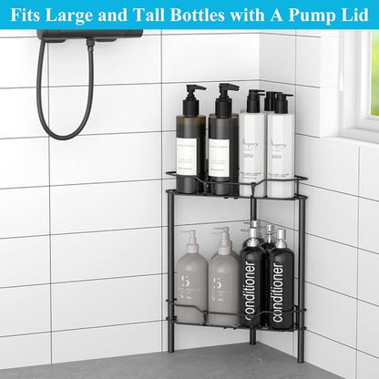HuggieGems Corner Shower Caddy Organizer - 2 Tier Floor Stand with Hooks | Stylish Black Bathroom Shelf