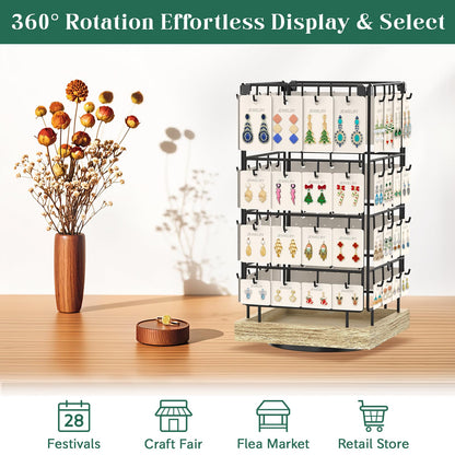 EsLuker.ly Rotating Earring Display Holder Stand for Vendors Events Selling, Large Capacity 64 Hooks Jewelry Rack with Wooden Base for Earring Card Sales, Enhances Retail Display Visibility