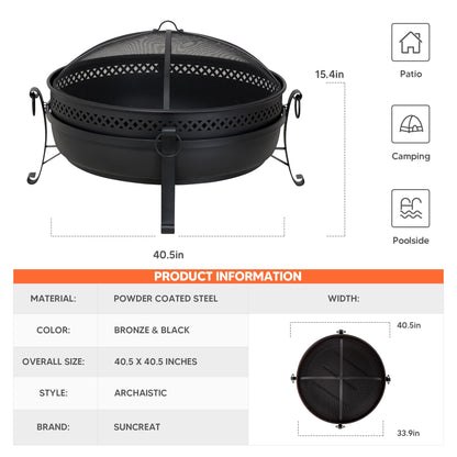 SUNCREAT Outdoor Patio Fire Pit with Mesh Spark Screen, 40" Portable Fire Pit for Camping, Black