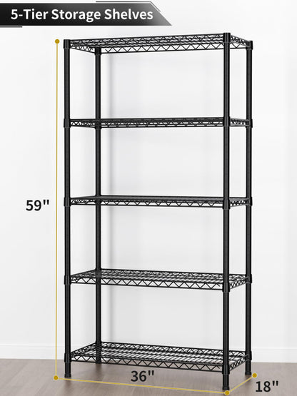 Golpart 5 Tier Heavy Duty Adjustable Storage Shelf Organizer Storage Metal Shelves Garage Wire Shelving Unit Pantry Rack 18" D x 36" W x 71.25" H,Black