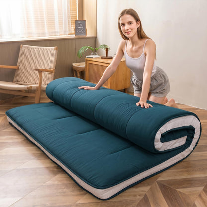 MAXYOYO Futon Mattress, Padded Japanese Floor Mattress Quilted Mattress Topper, Extra Thick Folding Sleeping Pad Breathable Floor Lounger Guest Couch for Camping, Bluestone, Queen