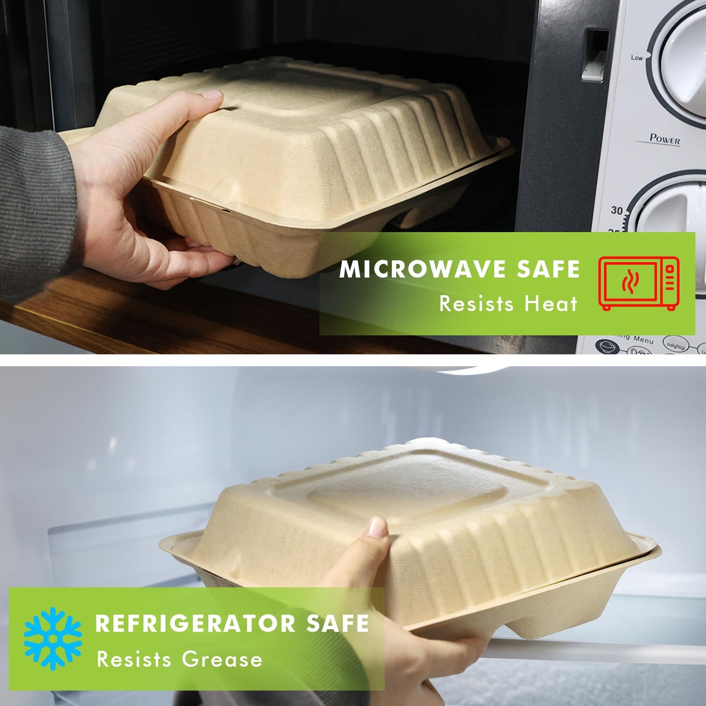yoyomax [9x9-300Pack] 100% Compostable To Go Food Containers with Lids, 3-Compartment Take Out Clamshell Container, Bio Disposable | Eco Friendly | Heavy-Duty Boxes, Made of Sugarcane Fibers