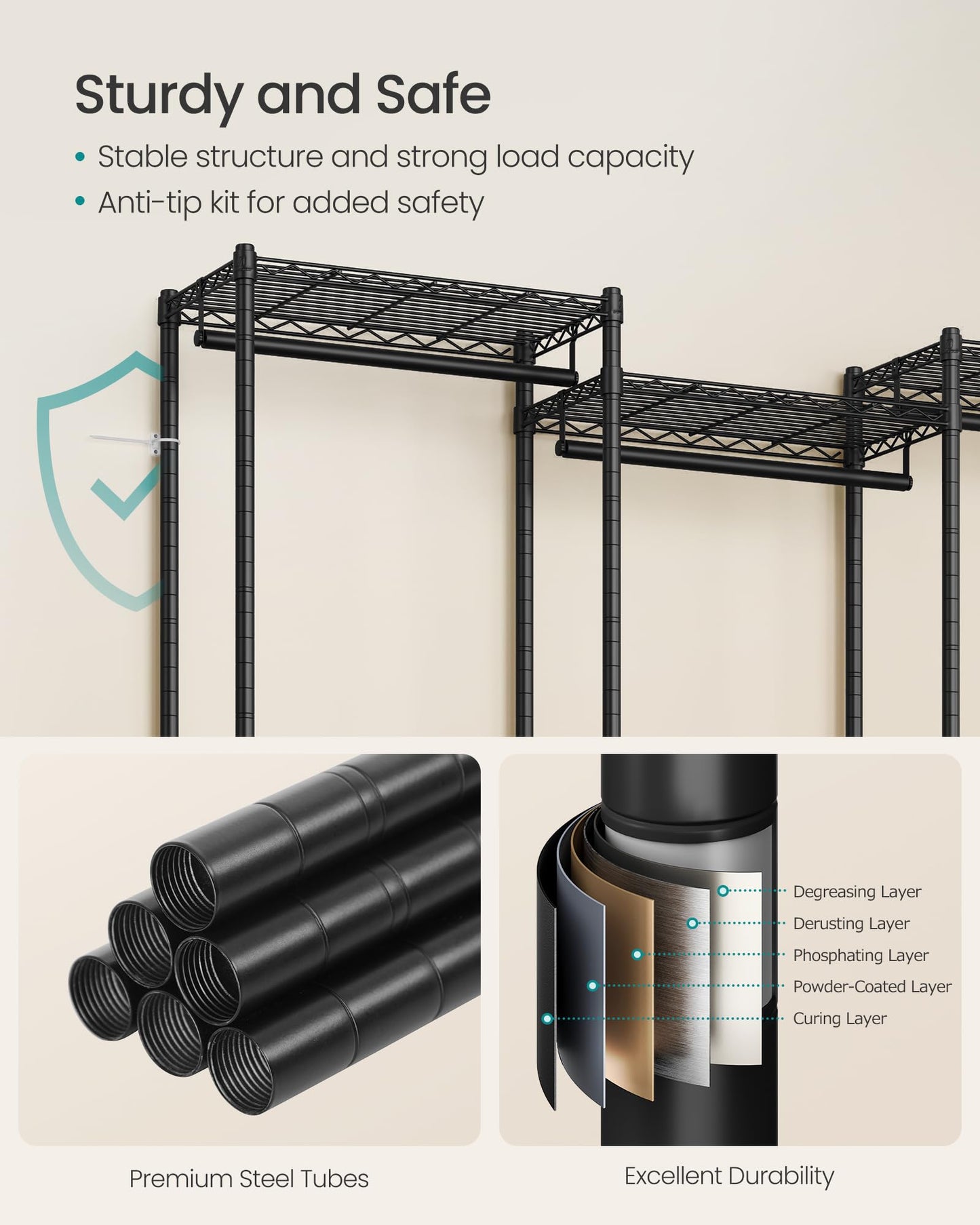 SONGMICS Heavy-Duty Clothes Rack, Garment Rack, Portable Closet, 68.7-Inch Wide Clothing Rack with Adjustable Mesh Shelves and Hanging Rails, Ink Black ULGR433B01