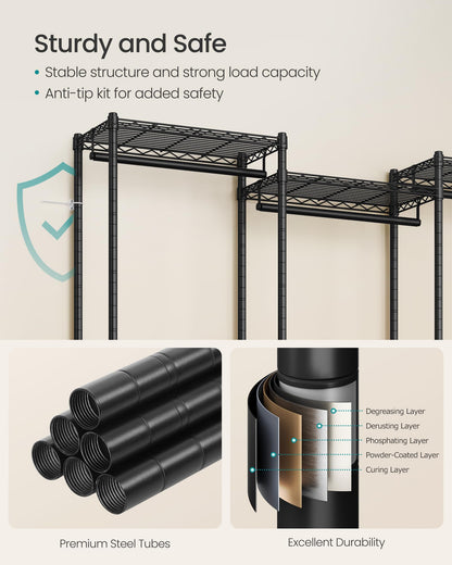 SONGMICS Heavy-Duty Clothes Rack, Garment Rack, Portable Closet, 68.7-Inch Wide Clothing Rack with Adjustable Mesh Shelves and Hanging Rails, Ink Black ULGR433B01