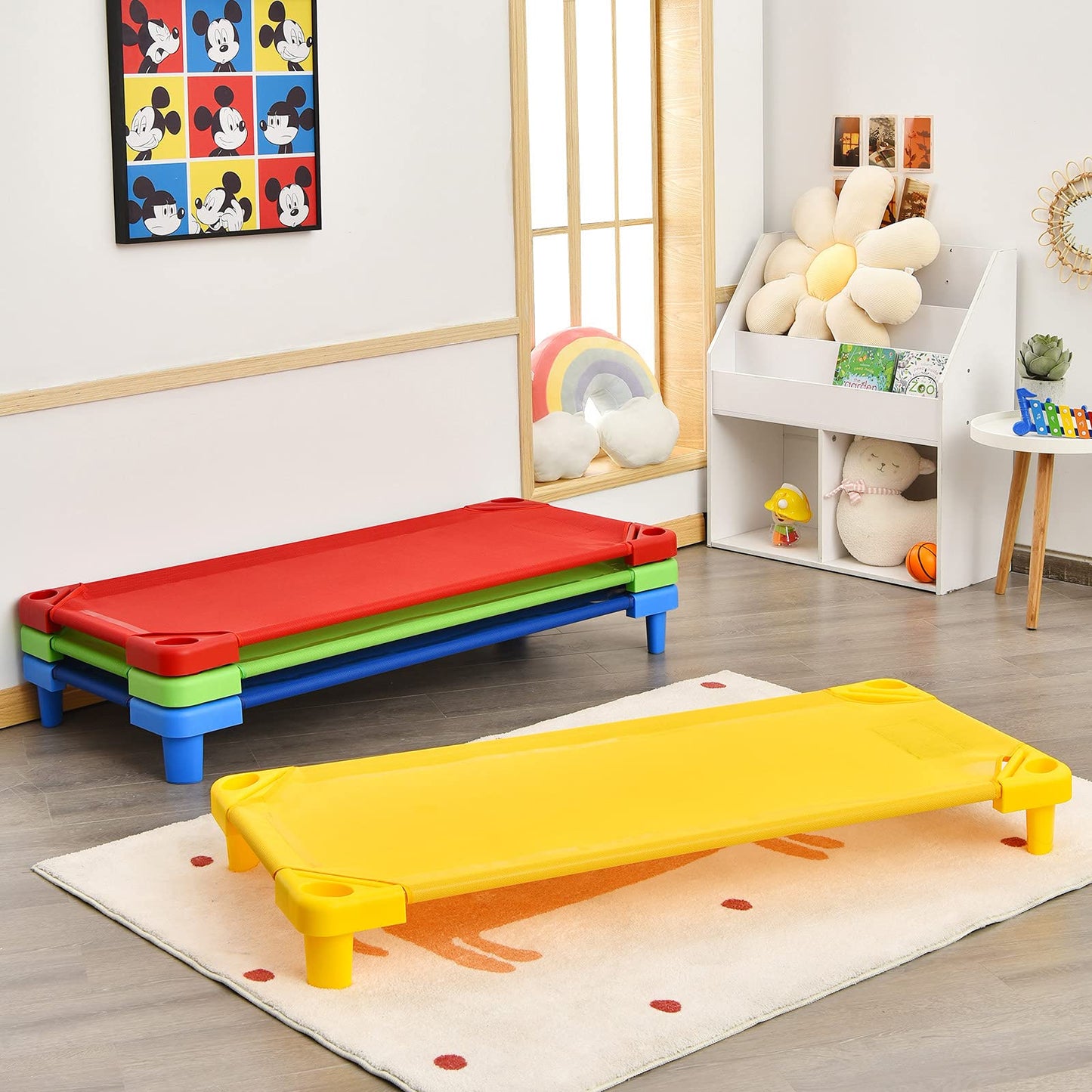 KOTEK Toddler Naptime Cot, Stackable Daycare Sleeping Cot for Kids, 51" L x 23" W, Ready-to-Assemble, Space-Saving Kids Nap Cots for Children Classroom Preschool (Set of 4, Multicolor)