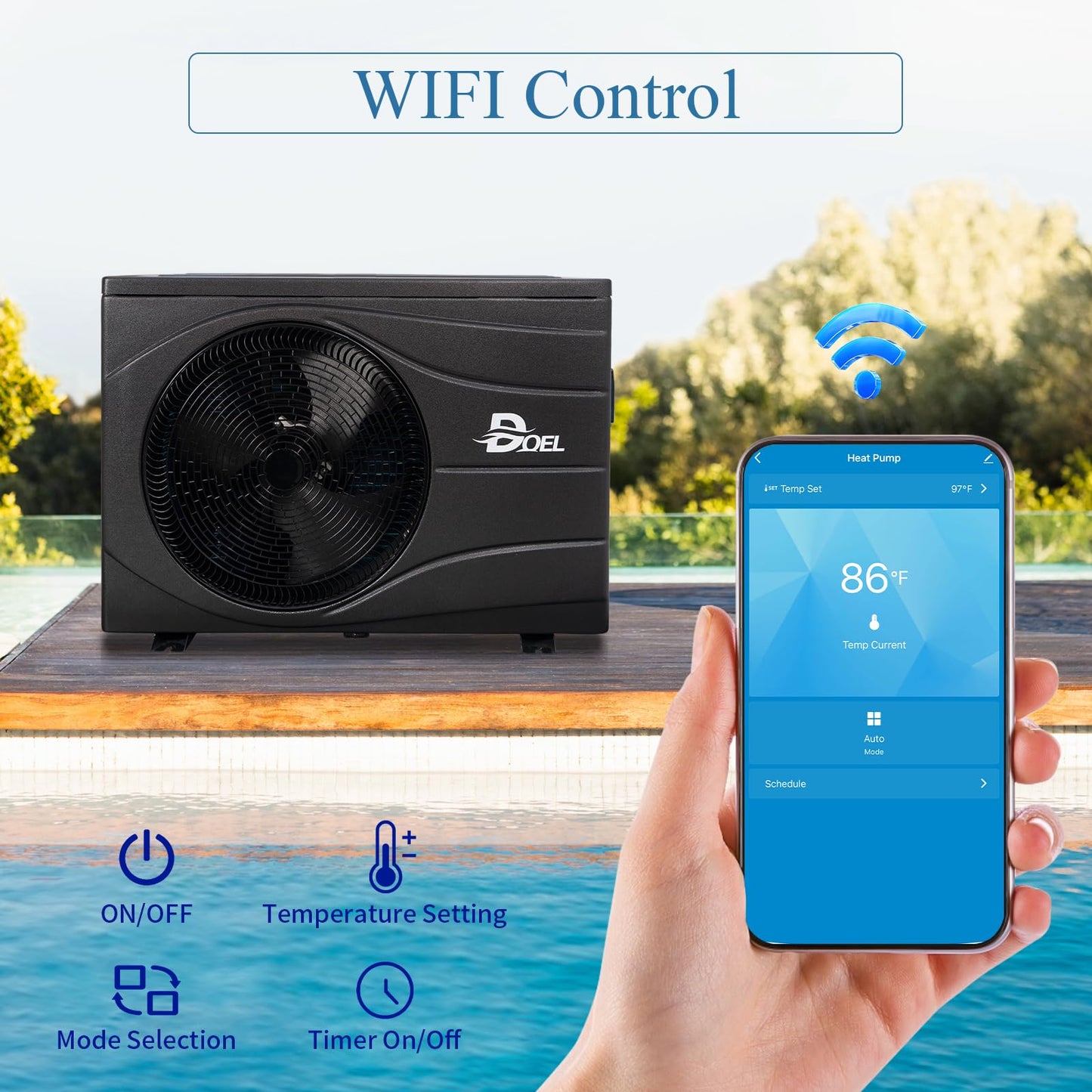 DOEL Swimming Pool Heat Pump, 44000BTU Full DC Inverter Pool Heater for 8000 Gallons Above and In Ground Pools and Spas, 13kW High Efficiency Pool Heater with WiFi Smart Control Panel, 220-240v