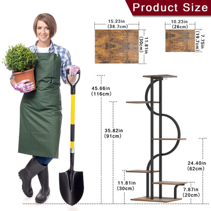 REFGY 6-Tier Tall Plant Stand with Hanging Hook, Multi-Tiered Vertical Flower Pot Holder for Indoor Outdoor, Heavy Duty Metal Plant Shelf for Corner, Living Room, Balcony, Patio, Rustic Brown