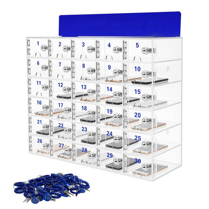 Lemoeyes Acrylic Cell Phone Locker Box, 30 Slots Clear Cell Phones Storage Cabinet with Door Lock Keys and Charging Slot, Tabletop/Wall-Mounted Pocket Locker for Office Classroom Conference Room