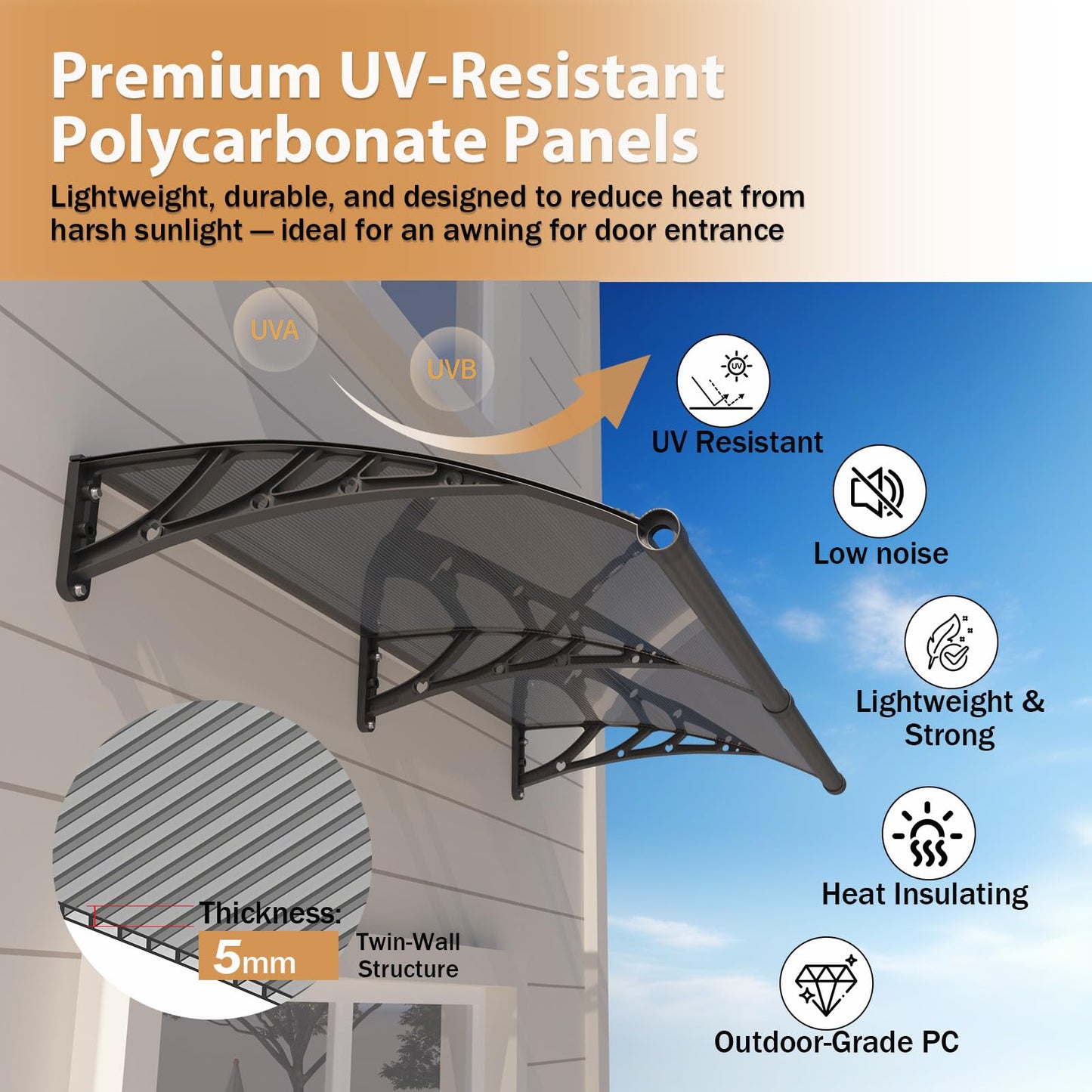 Outsunhom Awning for Door Entrance,32x48 Inch Polycarbonate Window Canopy Exterior with Drainage,UPF 50+ Rain Snow Sun UV Protection,Spliced Overdoor Awnings for Outside,Doors, Patio, Porch, Deck