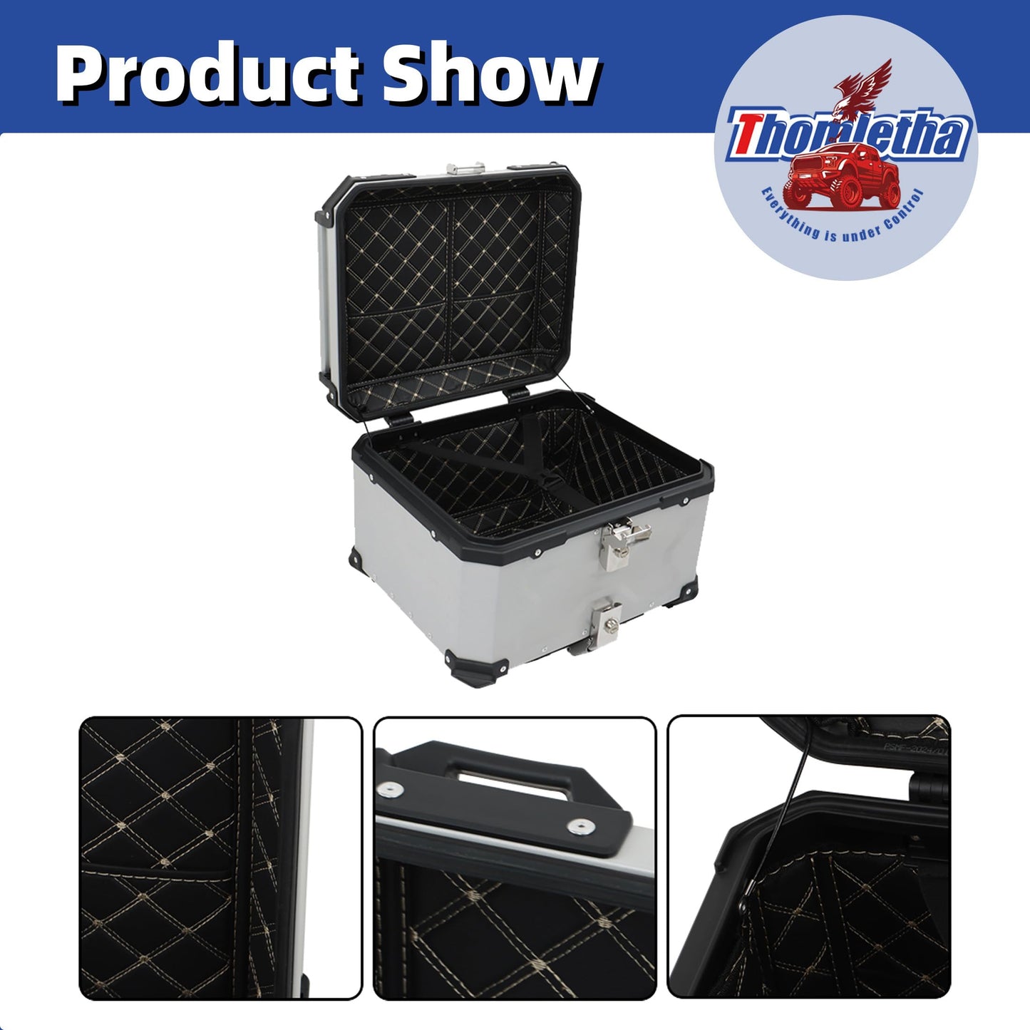 Thomletha 55L Aluminum Alloy Motorcycle Trunk Tour Tail Box Top Case with Mounting Plate Lock Silver