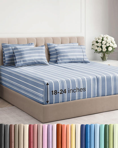 Skiennix Extra Deep Split King Sheet Set | 7-Piece Breathable Cooling Bedding - Soft, Wrinkle-Free Blue Stripes